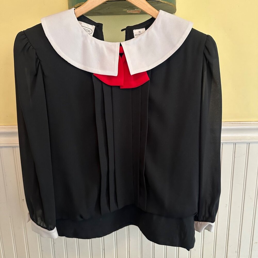 Vintage Liz Roberts Womens Blouse Black White Red Peter Pan Collar Size 14